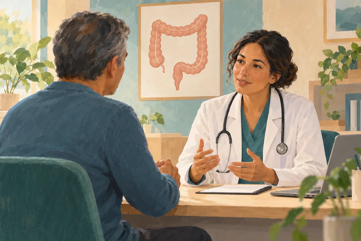 Ilustração editorial gerada por IA sobre consulta e atenção ao diagnóstico do câncer de intestino. Não representa paciente real ou orientação diagnóstica individual.