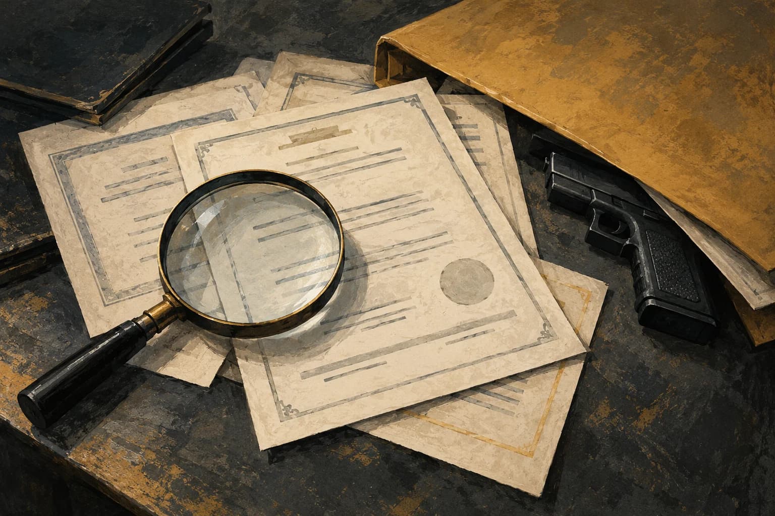Ilustração editorial gerada por IA sobre apuração de documentos falsificados e compras irregulares de armas. Não representa documentos ou provas reais da investigação.