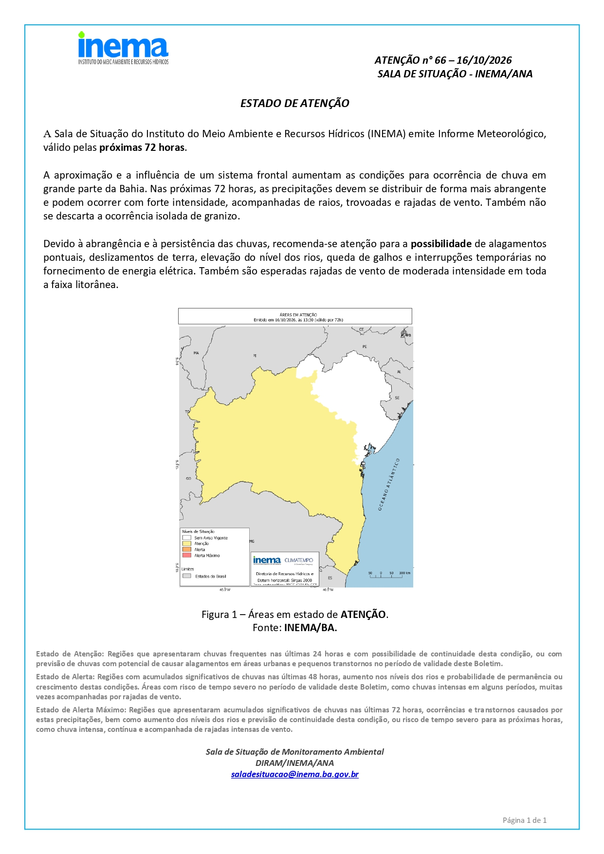 Boletim oficial com mapa das áreas em estado de atenção na Bahia.