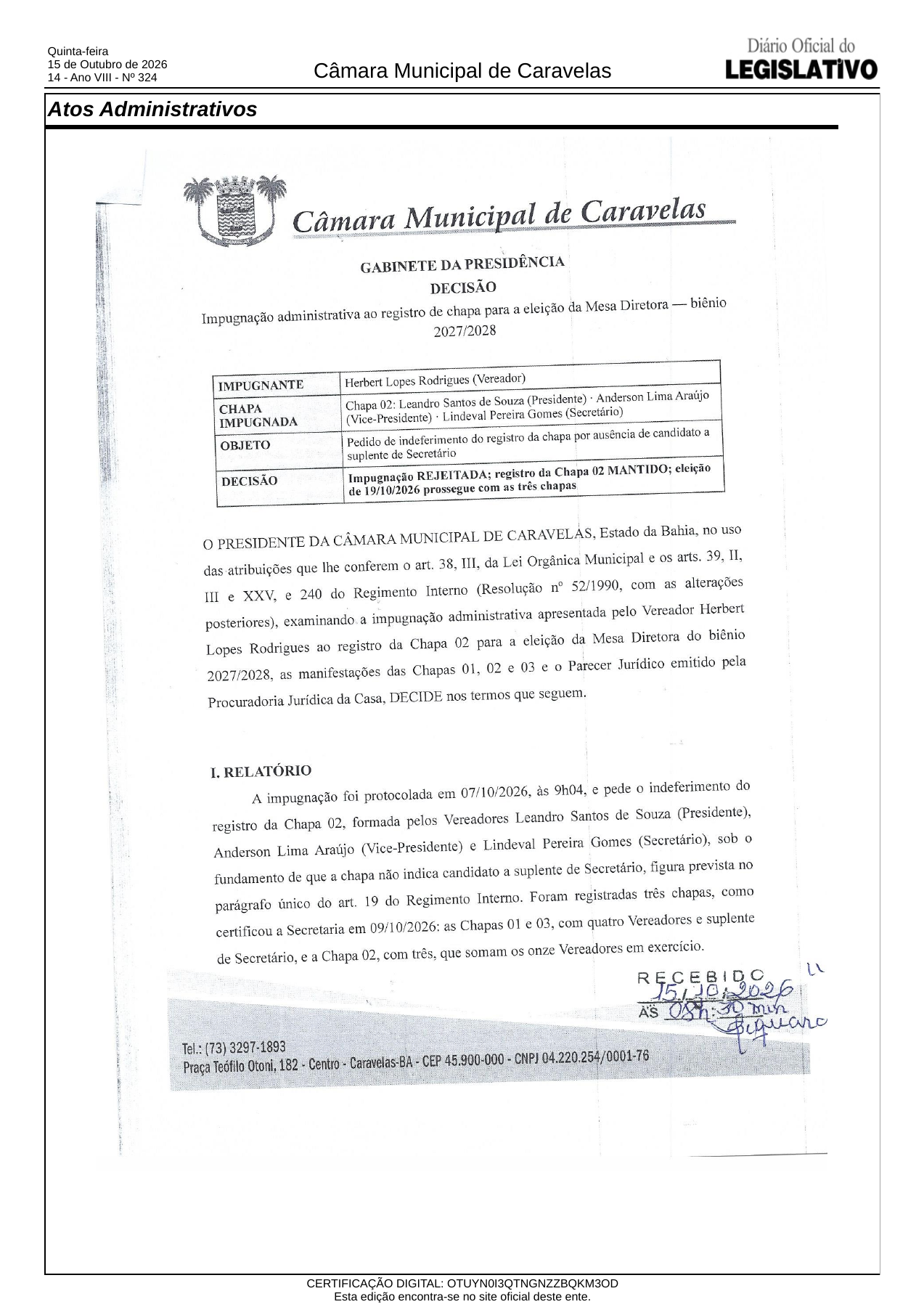 Página 14 do Diário Oficial da Câmara de Caravelas, de 15 de outubro de 2026, com a abertura da decisão sobre a impugnação da Chapa 02.