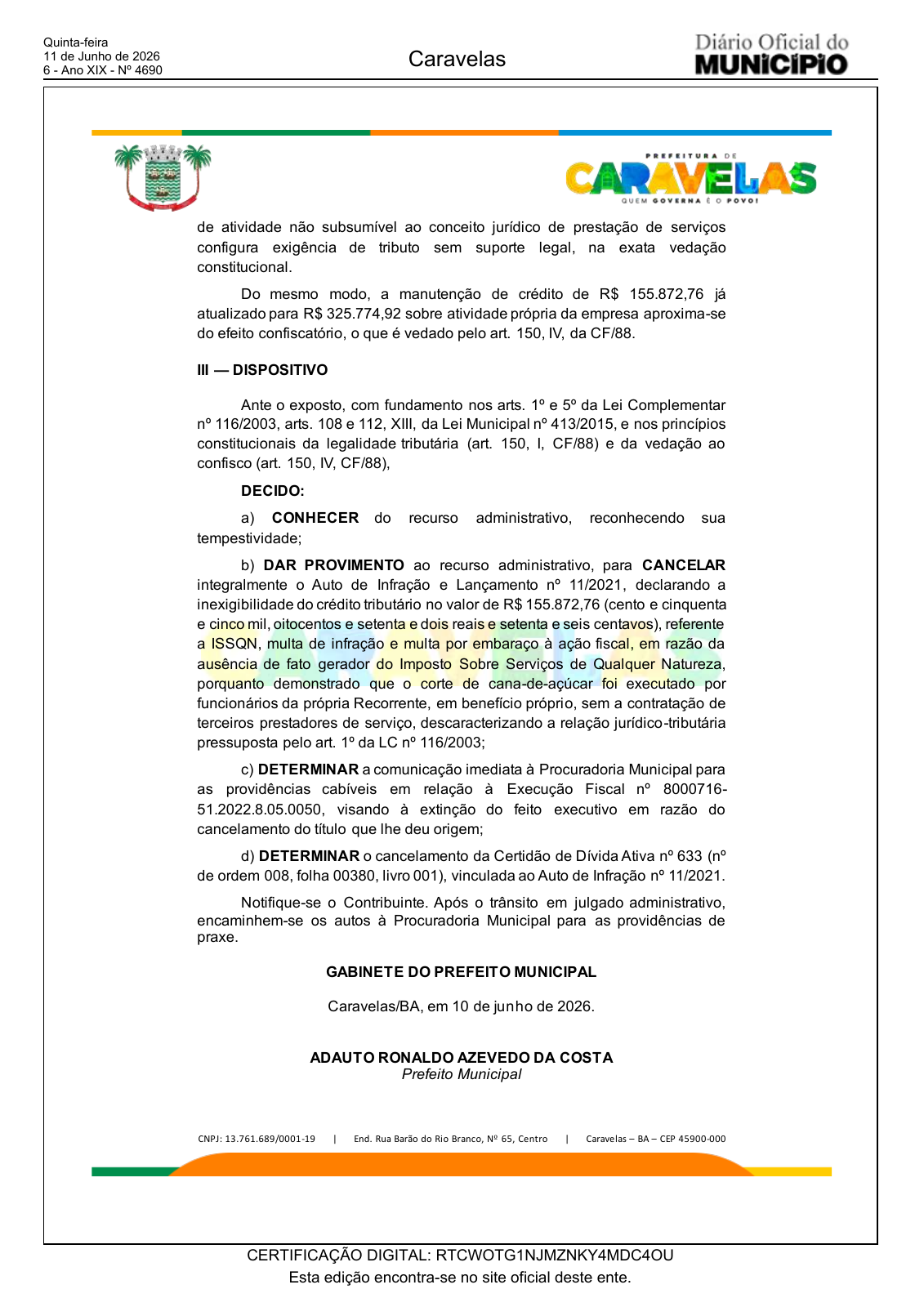 Página 6 da edição 4.690 do Diário Oficial de Caravelas, de 11 de junho de 2026, com o dispositivo da decisão administrativa. Reprodução do documento, sem alterações no conteúdo.