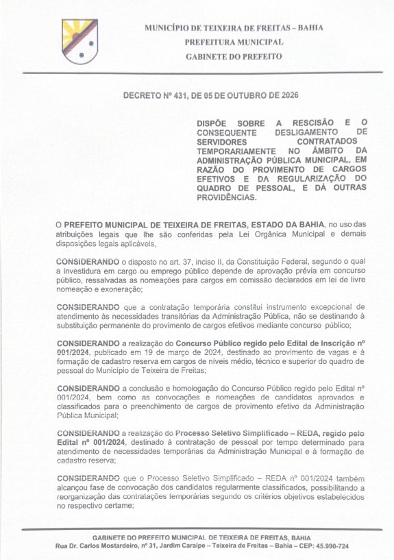 Documento antecipado por portal prevê rescisão de contratos temporários em Teixeira