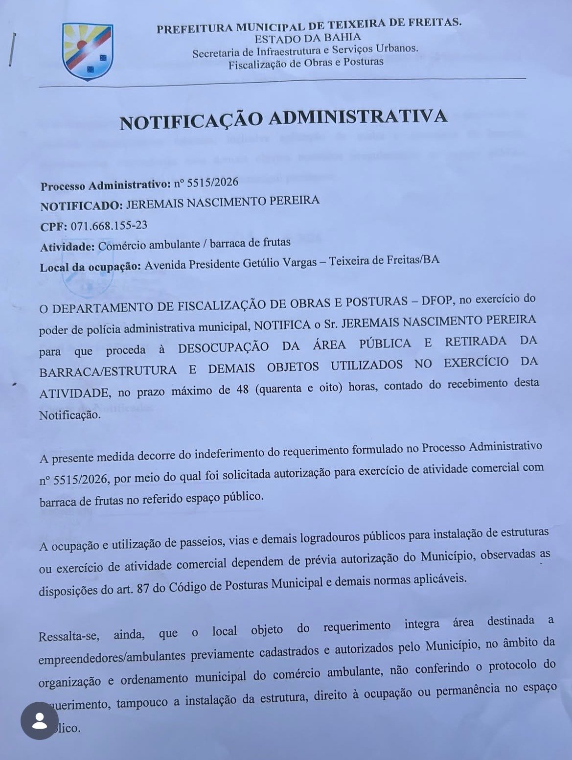 Feirante contesta notificação para retirar barraca de avenida em Teixeira