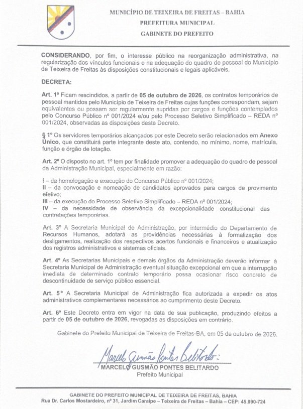 Documento antecipado por portal prevê rescisão de contratos temporários em Teixeira