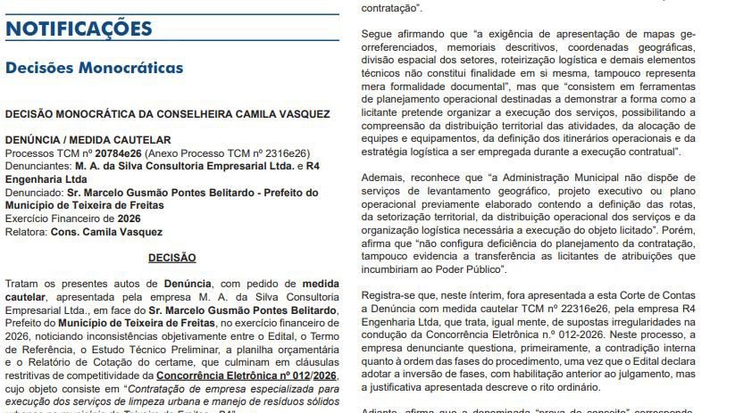 TCM permite continuidade de licitação de limpeza de Teixeira sob fiscalização