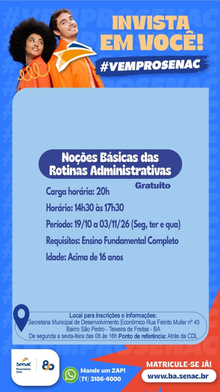 Parceria com Senac prevê capacitação gratuita em Teixeira de Freitas